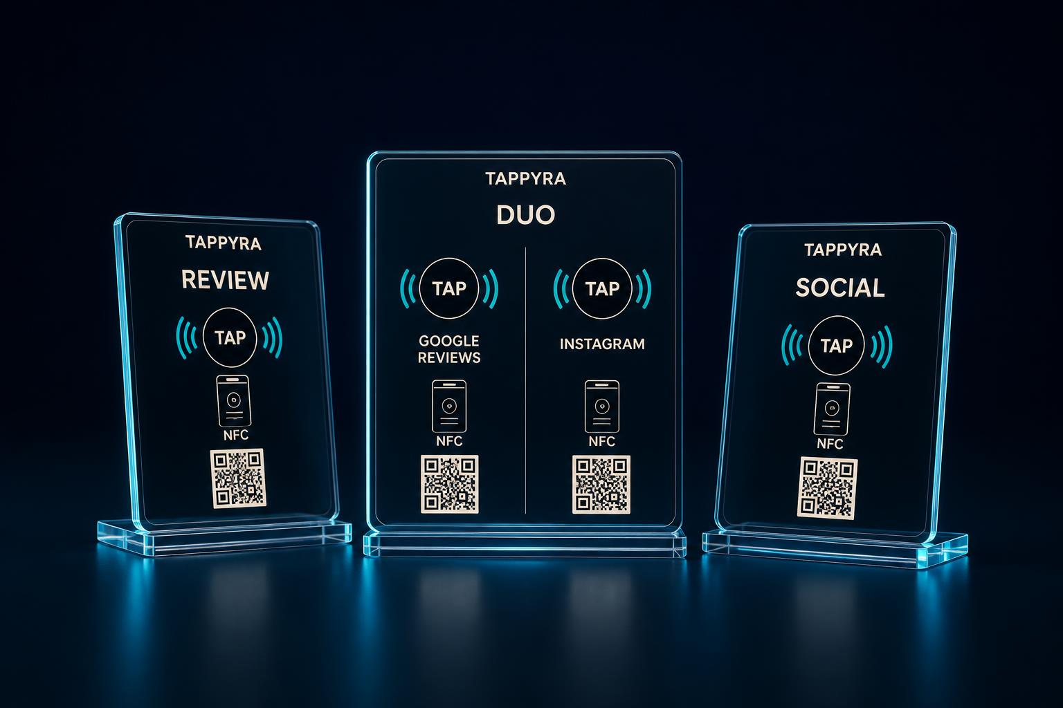 TAPPYRA Review, Duo and Social clear acrylic NFC countertop stands
